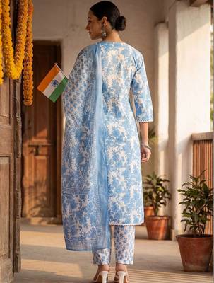 Women Floral Printed Regular Thread Work Pure Cotton Kurta with Trousers & With Dupatta 4