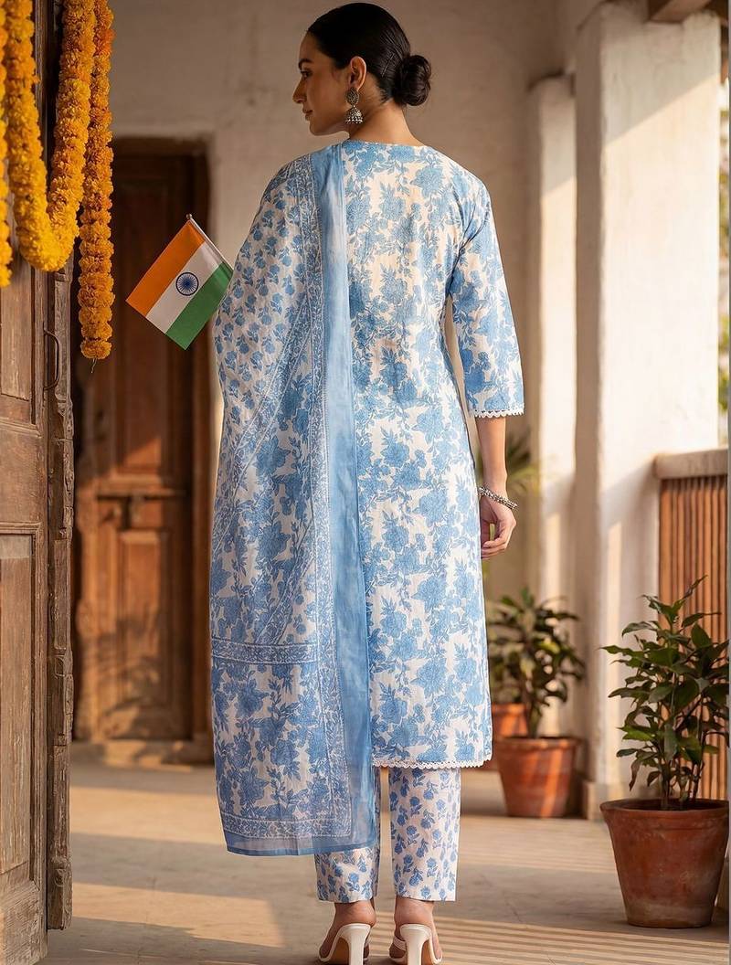 Women Floral Printed Regular Thread Work Pure Cotton Kurta with Trousers & With Dupatta