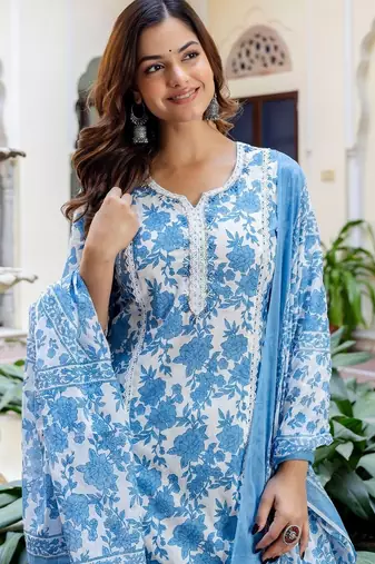 Women Floral Printed Regular Thread Work Pure Cotton Kurta with Trousers & With Dupatta