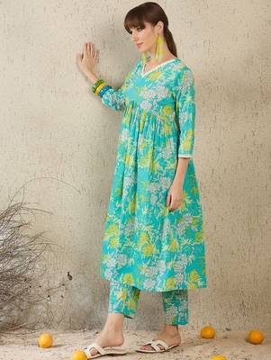 Floral Printed Regular Pure Cotton A-Line Kurta With Trousers 4