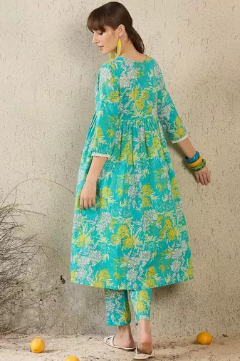 Floral Printed Regular Pure Cotton A-Line Kurta With Trousers