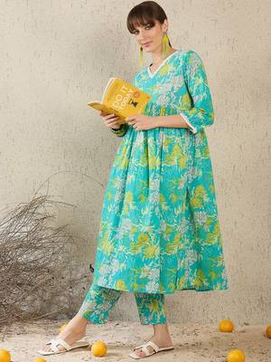 Floral Printed Regular Pure Cotton A-Line Kurta With Trousers 6