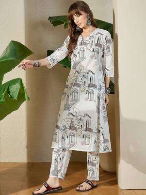 Women White Printed Regular V-Neck A-Line Pure Cotton Kurta Sets 2