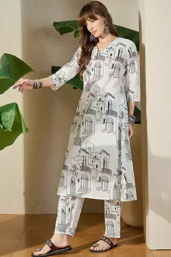 Women White Printed Regular V-Neck A-Line Pure Cotton Kurta Sets