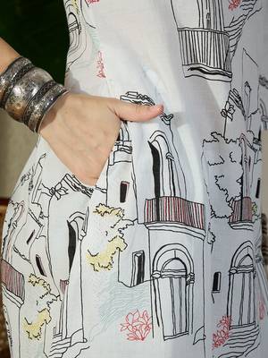 Women White Printed Regular V-Neck A-Line Pure Cotton Kurta Sets 3