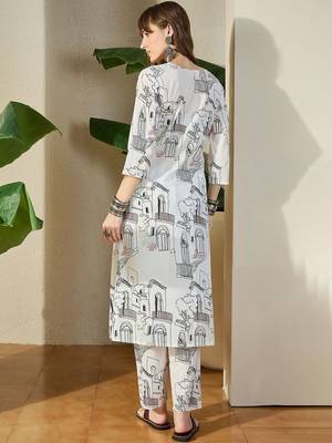 Women White Printed Regular V-Neck A-Line Pure Cotton Kurta Sets 5