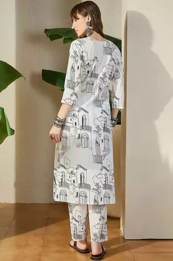 Women White Printed Regular V-Neck A-Line Pure Cotton Kurta Sets