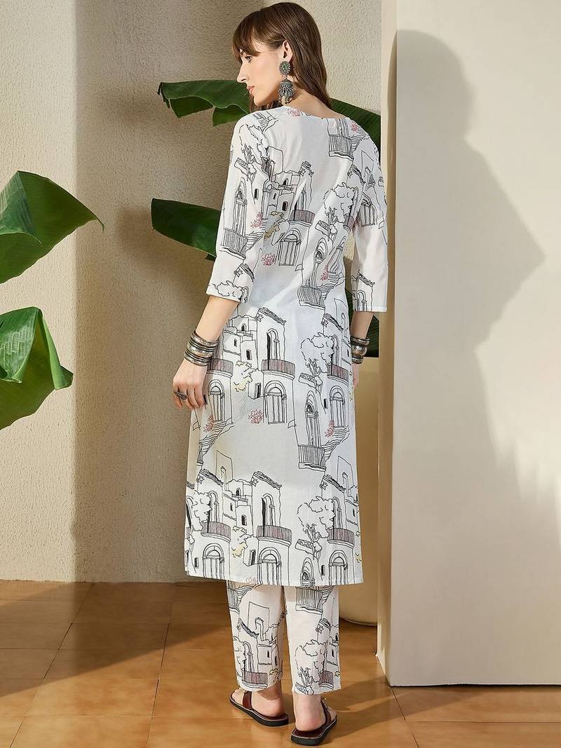 Women White Printed Regular V-Neck A-Line Pure Cotton Kurta Sets
