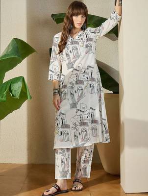 Women White Printed Regular V-Neck A-Line Pure Cotton Kurta Sets 6