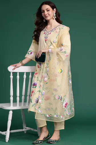 Floral Embroidered Pure Cotton Kurta with Trousers & Dupatta