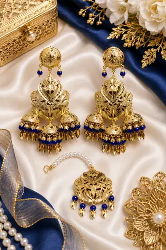 Blue Leaf work Earrings Tikka Set