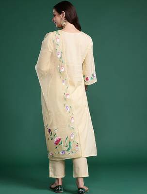 Floral Embroidered Pure Cotton Kurta with Trousers & Dupatta 5