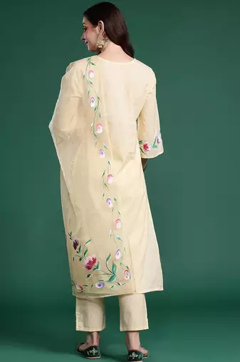 Floral Embroidered Pure Cotton Kurta with Trousers & Dupatta