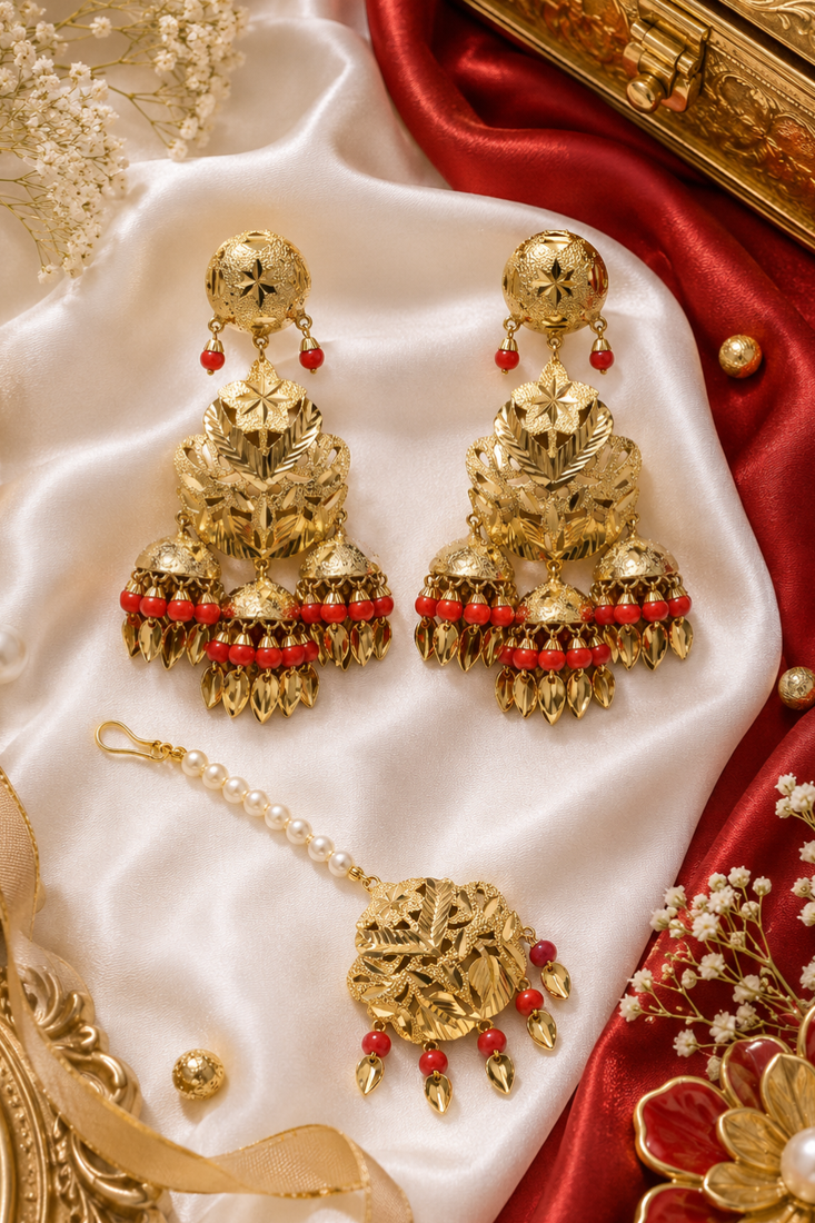 Red leaf work earrings tikka set