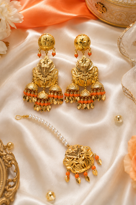 Orange leaf work earrings tikka set 2