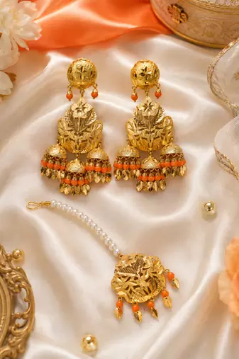 Orange leaf work earrings tikka set