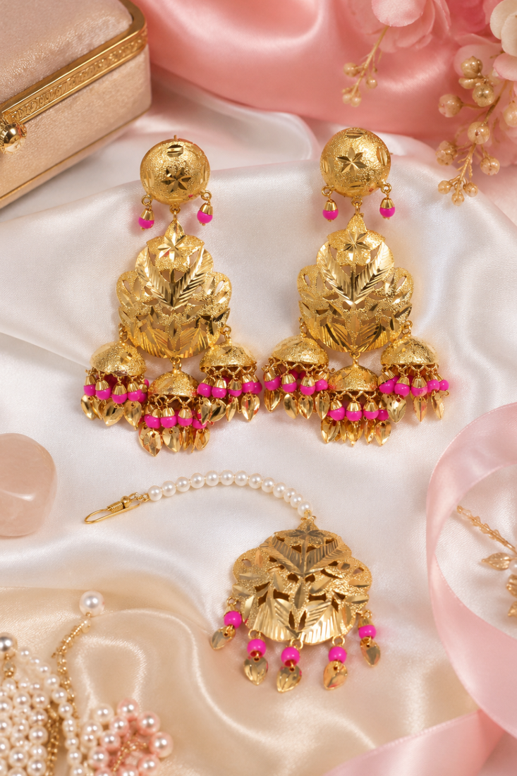 Pink leaf work earrings tikka set