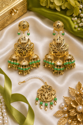 Parrot green leaf work earrings tikka set 2