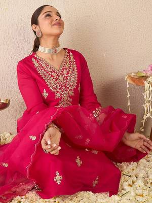 Embroidered Gotta Patti Work V Neck Kurta With Trousers & Dupatta 1