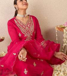Embroidered Gotta Patti Work V Neck Kurta With Trousers & Dupatta