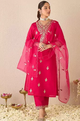 Embroidered Gotta Patti Work V Neck Kurta With Trousers & Dupatta
