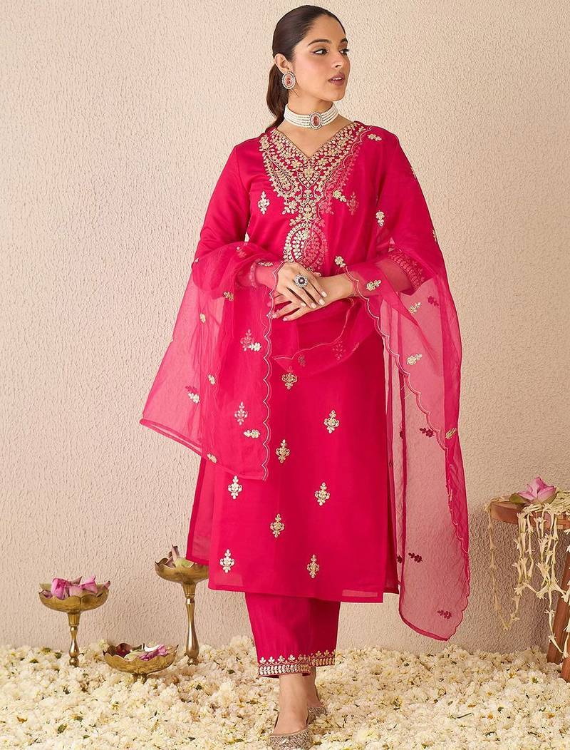 Embroidered Gotta Patti Work V Neck Kurta With Trousers & Dupatta