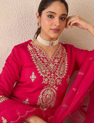 Embroidered Gotta Patti Work V Neck Kurta With Trousers & Dupatta 3