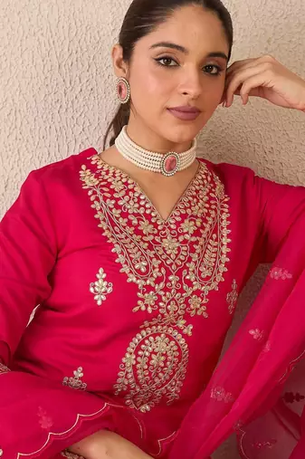 Embroidered Gotta Patti Work V Neck Kurta With Trousers & Dupatta