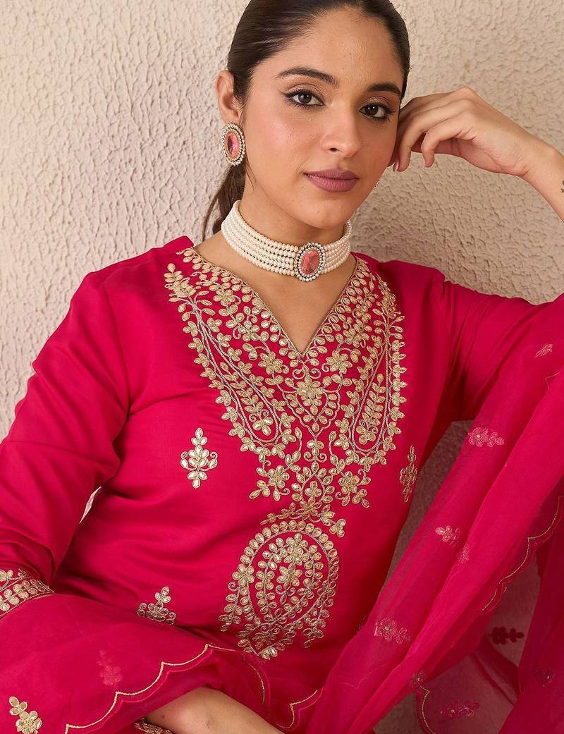 Embroidered Gotta Patti Work V Neck Kurta With Trousers & Dupatta