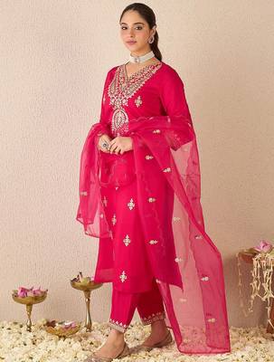 Embroidered Gotta Patti Work V Neck Kurta With Trousers & Dupatta 6