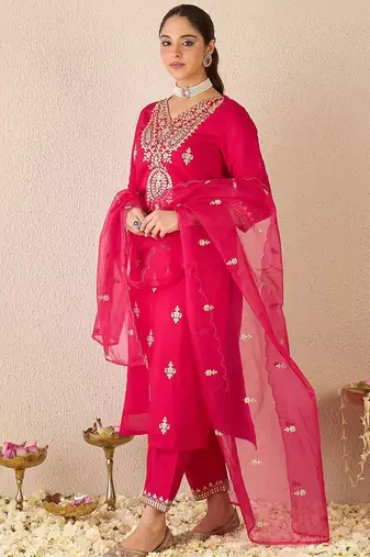 Embroidered Gotta Patti Work V Neck Kurta With Trousers & Dupatta