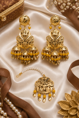 Yellow leaf work earrings tikka set 2