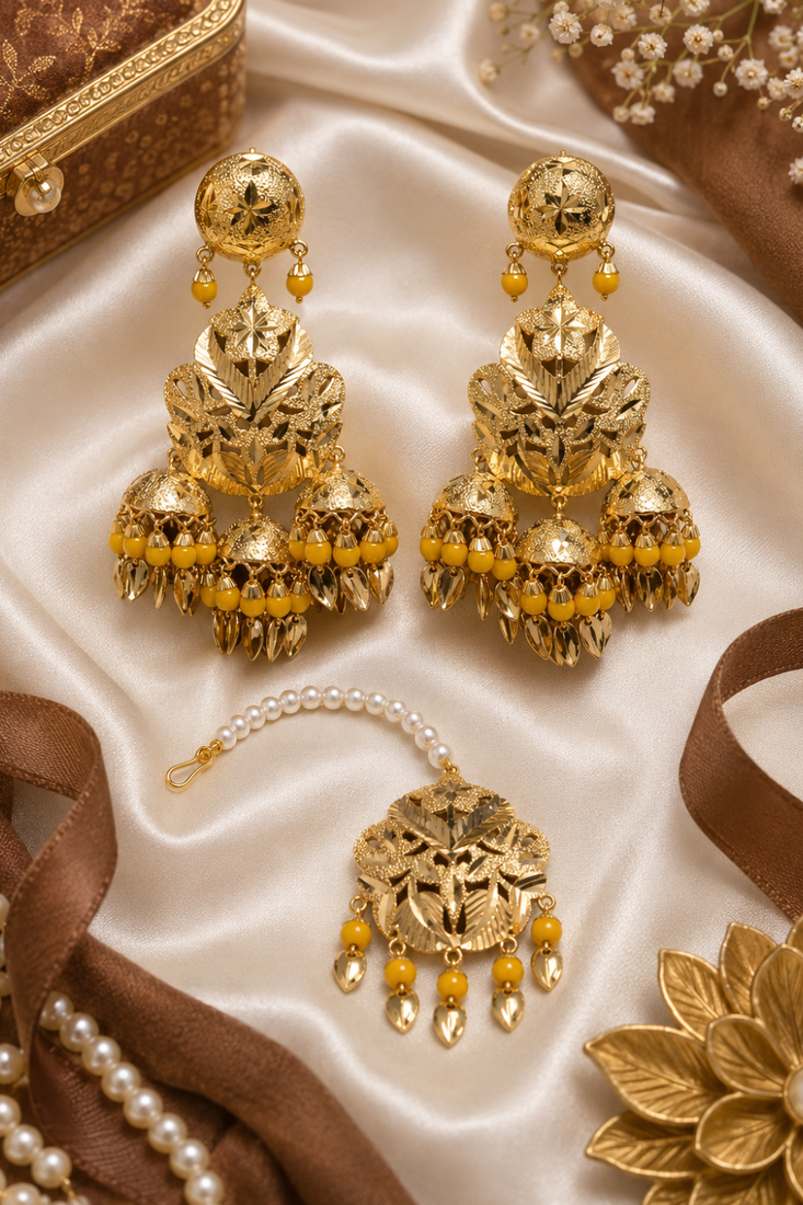 Yellow leaf work earrings tikka set