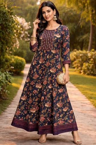 Reyon navy blue anarkali gown