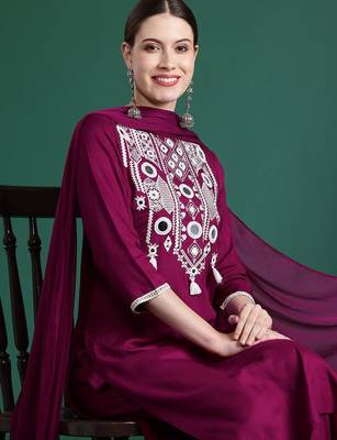 Embroidered Mirror Work Kurta With Trousers & Dupatta 1