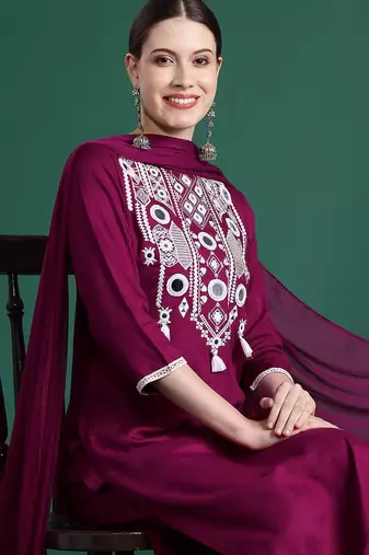 Embroidered Mirror Work Kurta With Trousers & Dupatta
