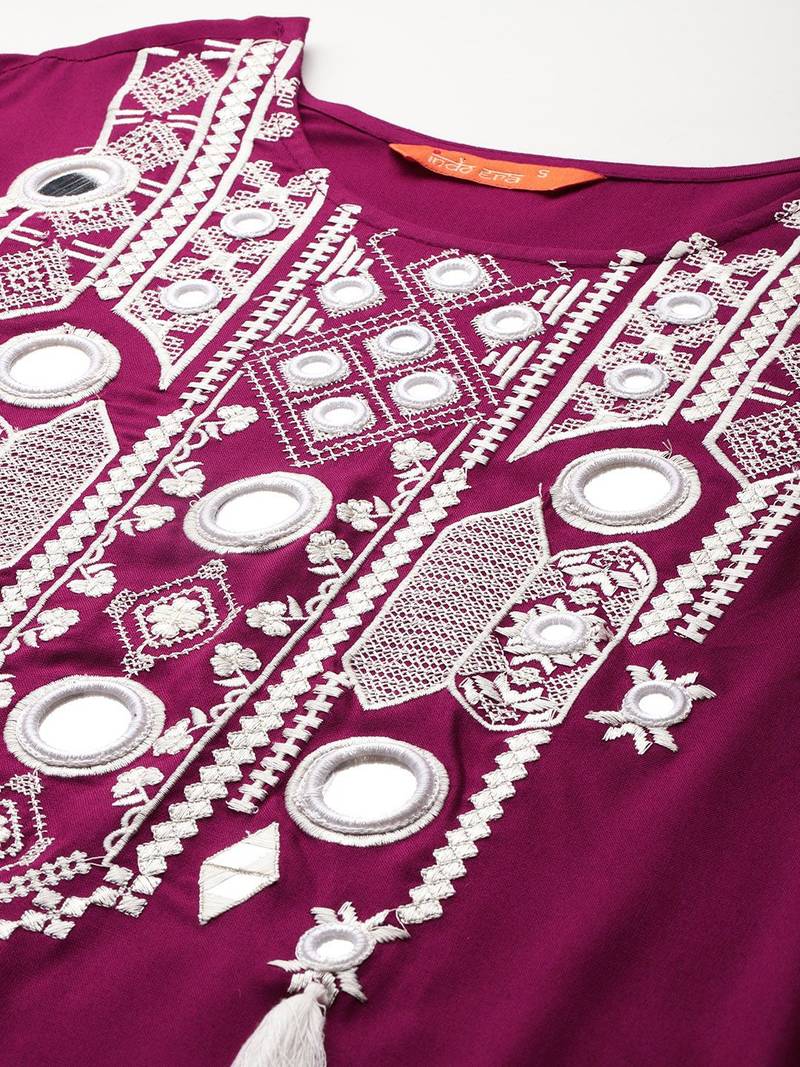 Embroidered Mirror Work Kurta With Trousers & Dupatta