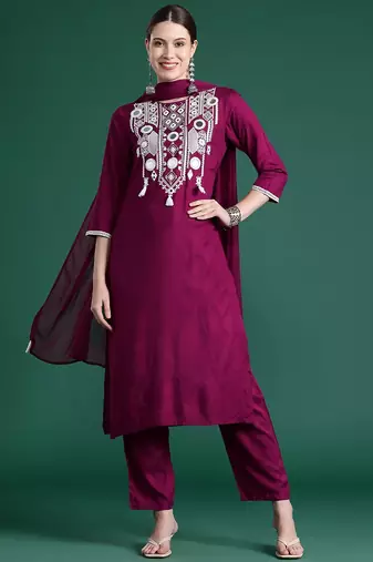 Embroidered Mirror Work Kurta With Trousers & Dupatta