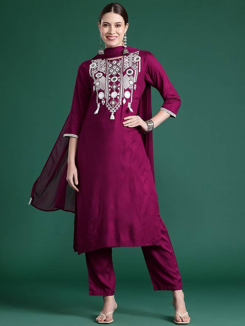 Embroidered Mirror Work Kurta With Trousers & Dupatta