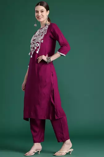 Embroidered Mirror Work Kurta With Trousers & Dupatta