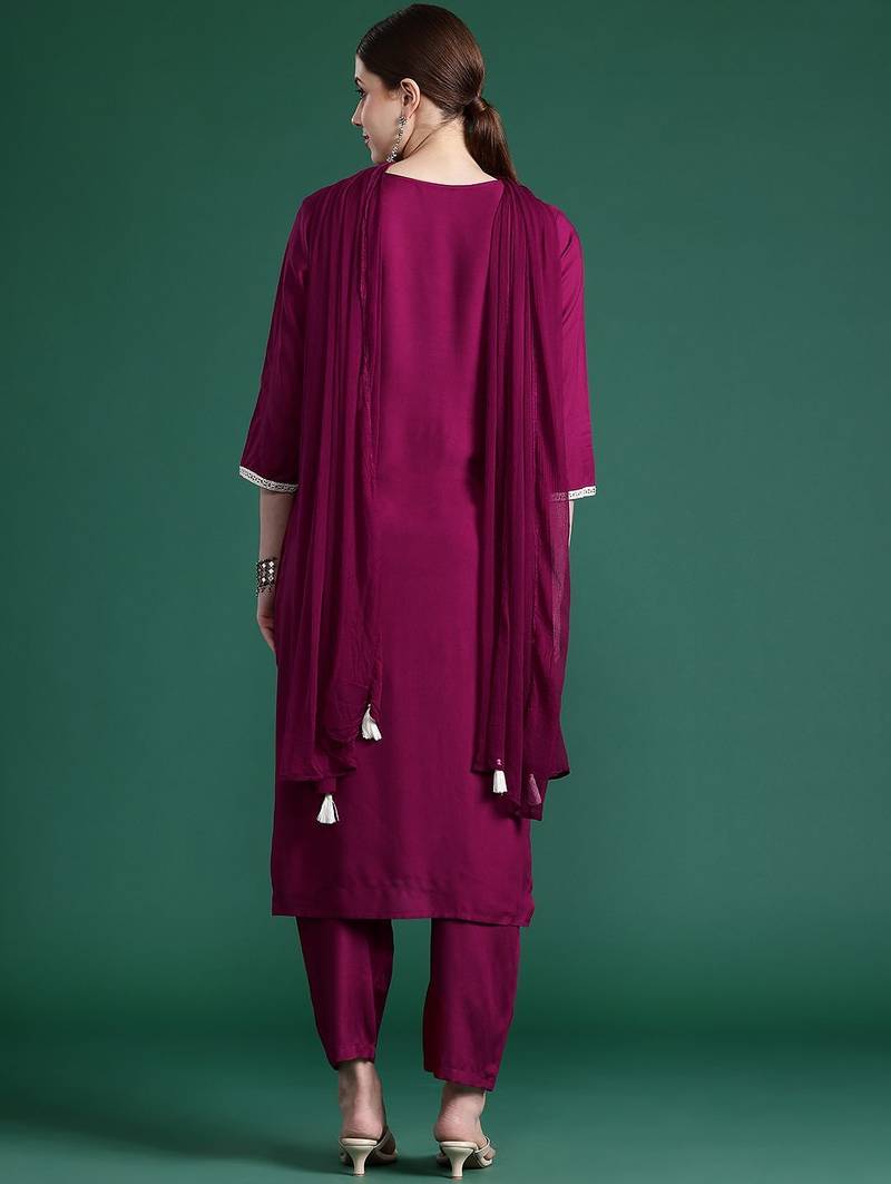 Embroidered Mirror Work Kurta With Trousers & Dupatta