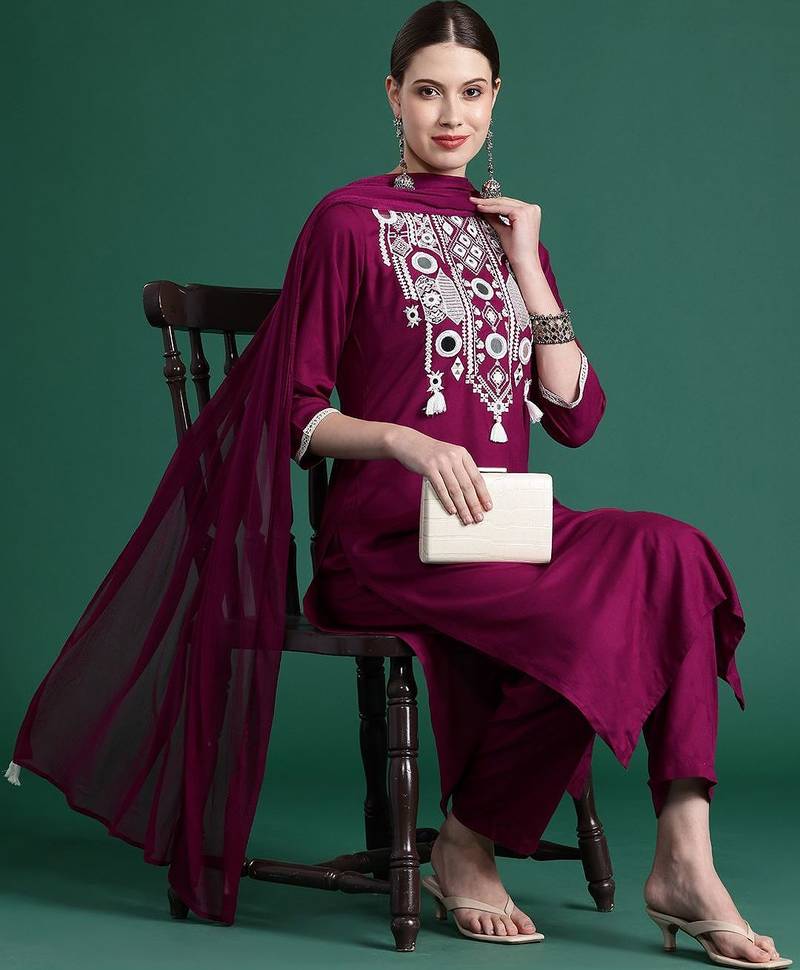 Embroidered Mirror Work Kurta With Trousers & Dupatta