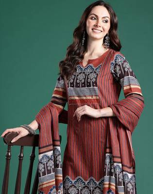 Women Striped Regular Mirror Work Pure Cotton Kurta with Trousers & With Dupatta 1