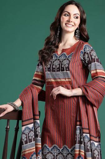 Women Striped Regular Mirror Work Pure Cotton Kurta with Trousers & With Dupatta