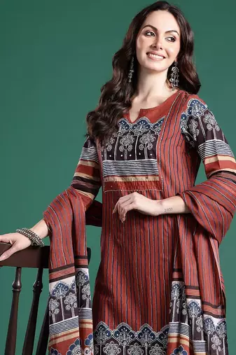 Women Striped Regular Mirror Work Pure Cotton Kurta with Trousers & With Dupatta