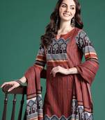 Women Striped Regular Mirror Work Pure Cotton Kurta with Trousers & With Dupatta
