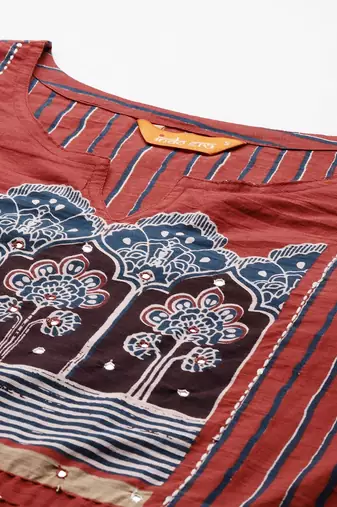 Women Striped Regular Mirror Work Pure Cotton Kurta with Trousers & With Dupatta