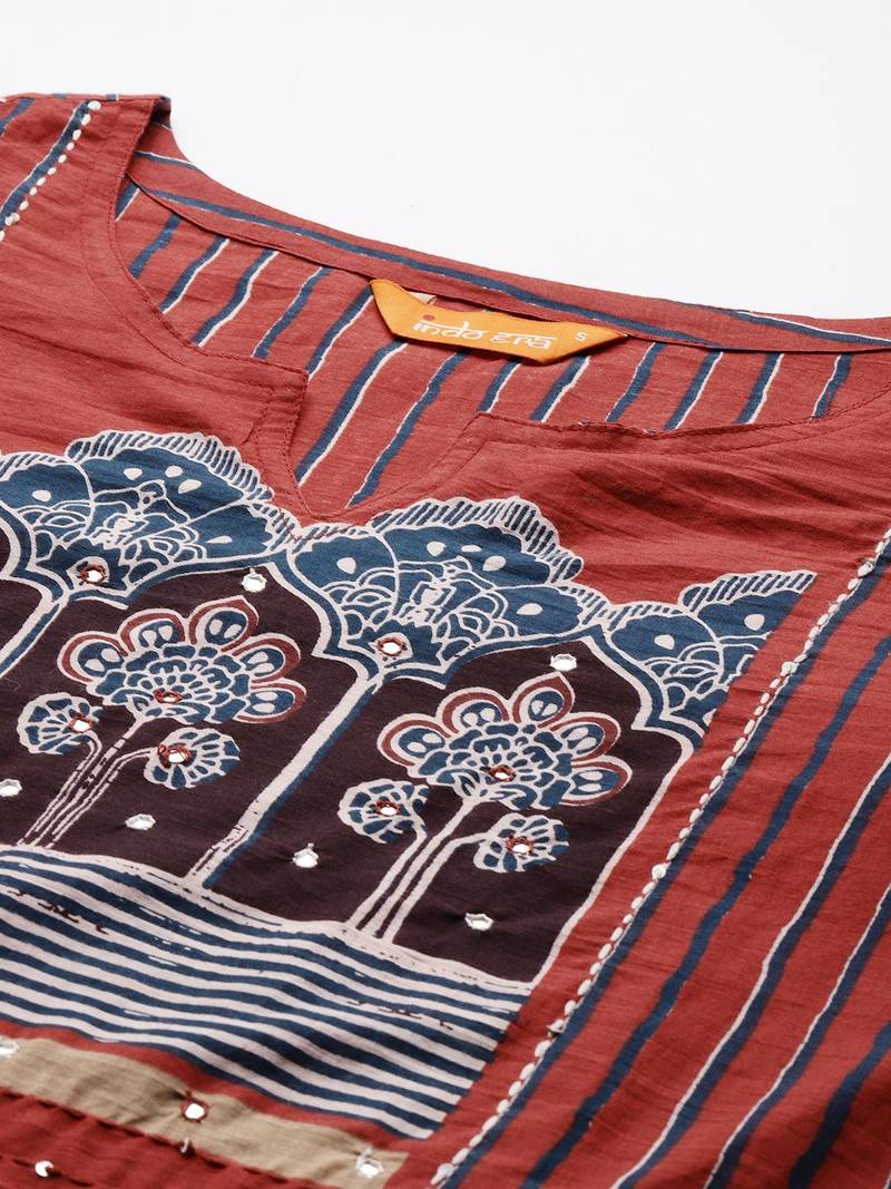 Women Striped Regular Mirror Work Pure Cotton Kurta with Trousers & With Dupatta