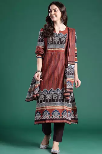 Women Striped Regular Mirror Work Pure Cotton Kurta with Trousers & With Dupatta