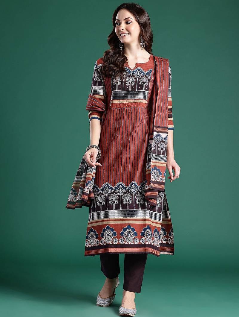 Women Striped Regular Mirror Work Pure Cotton Kurta with Trousers & With Dupatta